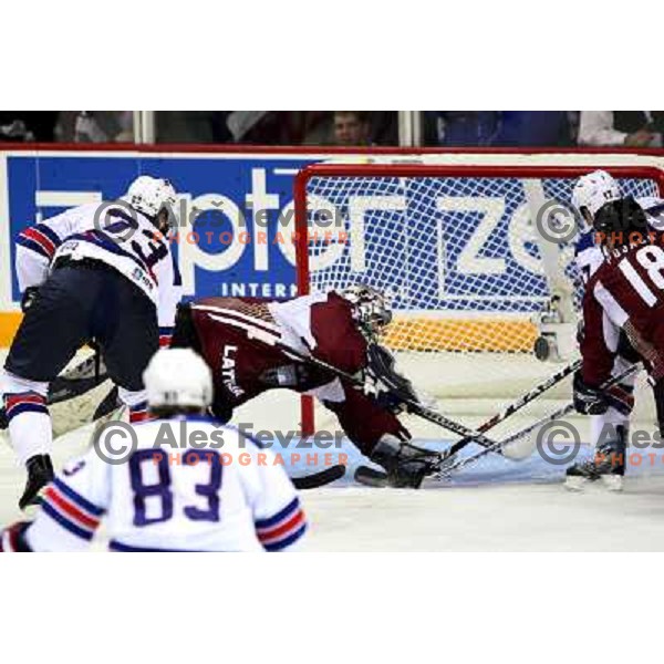 Brown (23) of USA scores first goal past goalie Masalskis of Latvia at IIHF World championship 2008 preliminary round group B, played in Halifax, Nova Scotia, Canada May 2nd 2008. USA beat Latvia 4:0. Photo by Ales Fevzer 