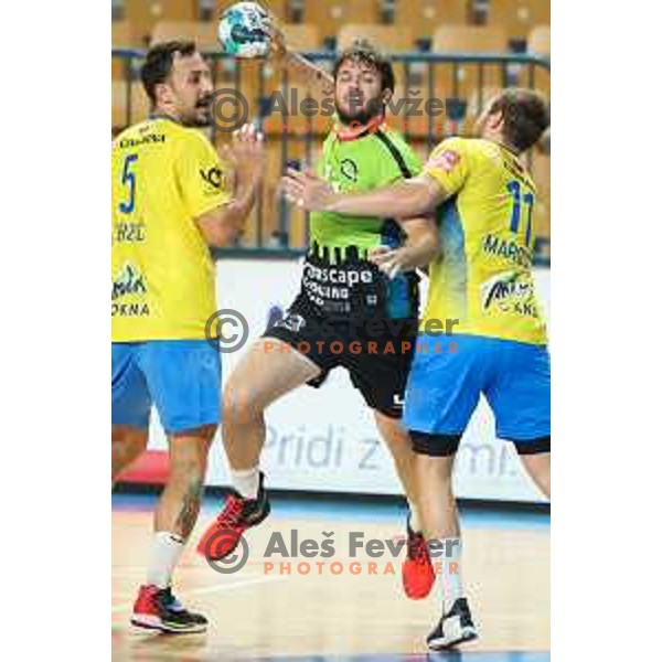 Gasper Mali in action during 1.NLB leasing league handball match between Celje PL and Loka in Celje, Slovenia on Oktober 22, 2021