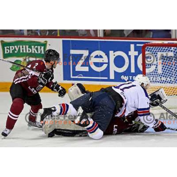 Halpern (11) of USA and Lavins (2) of Latvia at IIHF World championship 2008 preliminary round group B, played in Halifax, Nova Scotia, Canada May 2nd 2008. USA beat Latvia 4:0. Photo by Ales Fevzer 