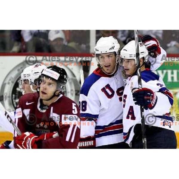 Mueller (88) of USA and Sprukts (5) of Latvia at IIHF World championship 2008 preliminary round group B, played in Halifax, Nova Scotia, Canada May 2nd 2008. USA beat Latvia 4:0. Photo by Ales Fevzer 