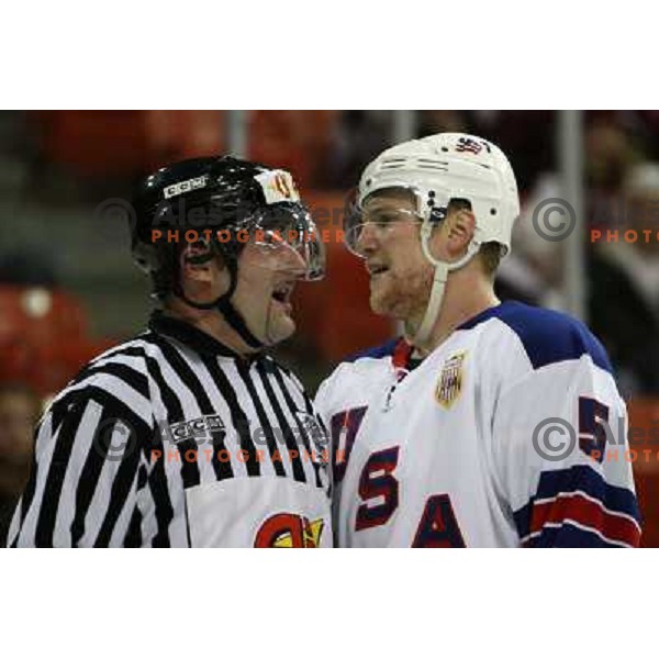Matt Greene of USA talks to a referee at IIHF World championship 2008 preliminary round group B, played in Halifax, Nova Scotia, Canada May 2nd 2008. USA beat Latvia 4:0. Photo by Ales Fevzer 