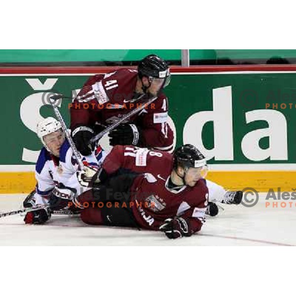 Wisniewski (43) of USA and Blinovs (8) and Ivanans (41) of Latvia at IIHF World championship 2008 preliminary round group B, played in Halifax, Nova Scotia, Canada May 2nd 2008. USA beat Latvia 4:0. Photo by Ales Fevzer 