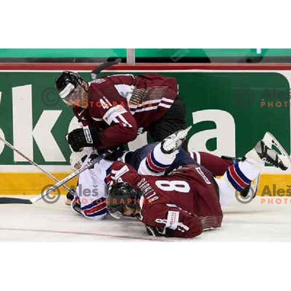 Wisniewski of USA and Ivanans (41) and Blinovs (8) of Latvia at IIHF World championship 2008 preliminary round group B, played in Halifax, Nova Scotia, Canada May 2nd 2008. USA beat Latvia 4:0. Photo by Ales Fevzer 