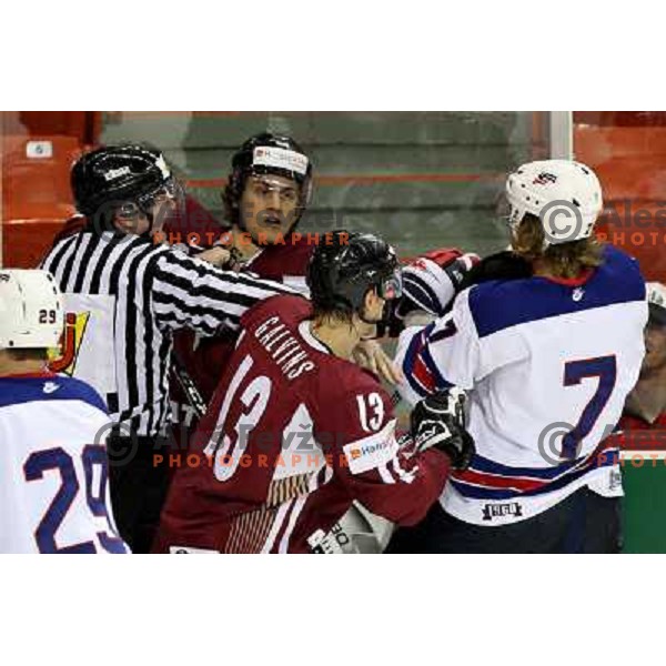 Booth (7) of USA and Galvins (13) of Latvia at IIHF World championship 2008 preliminary round group B, played in Halifax, Nova Scotia, Canada May 2nd 2008. USA beat Latvia 4:0. Photo by Ales Fevzer 