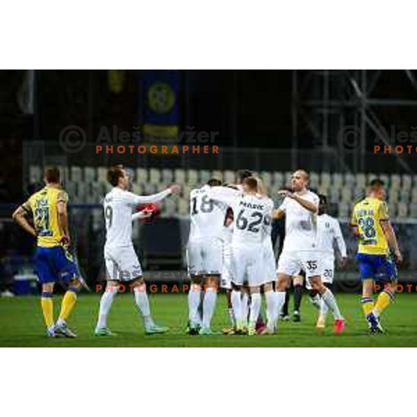 Mustafa Nukic, Goran Milovic and players of Olimpija celebrate goal during Prva Liga Telemach football match between Koper and Olimpija in Koper, Slovenia on October 23, 2021