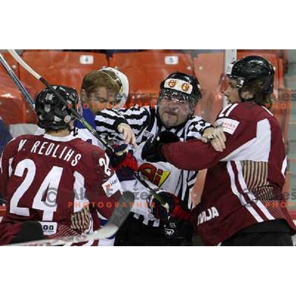 Fight during USA- Latvia game at IIHF World championship 2008 preliminary round group B, played in Halifax, Nova Scotia, Canada May 2nd 2008. USA beat Latvia 4:0. Photo by Ales Fevzer 