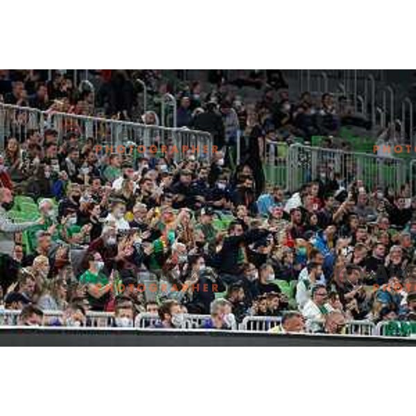 Fans of Cedevita Olimpija in action during ABA league regular season basketball match between Cedevita Olimpija and Buducnost Voli in Stozice, Arena, Ljubljana, Slovenia on October 24, 2021