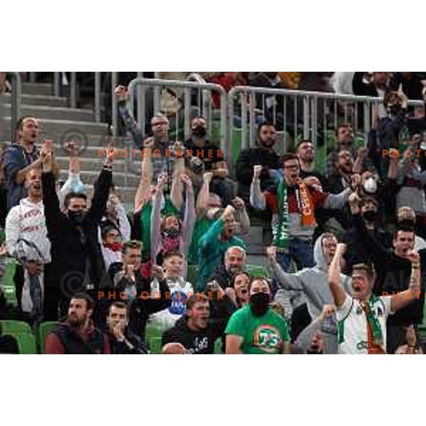 Fans of Cedevita Olimpija in action during ABA league regular season basketball match between Cedevita Olimpija and Buducnost Voli in Stozice, Arena, Ljubljana, Slovenia on October 24, 2021