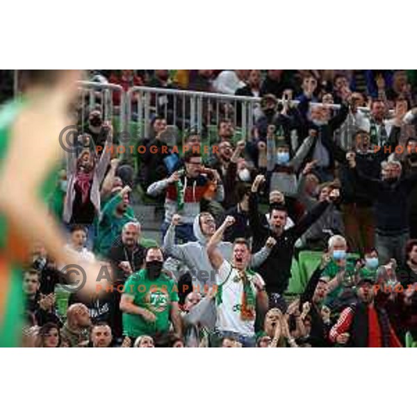 Fans of Cedevita Olimpija in action during ABA league regular season basketball match between Cedevita Olimpija and Buducnost Voli in Stozice, Arena, Ljubljana, Slovenia on October 24, 2021