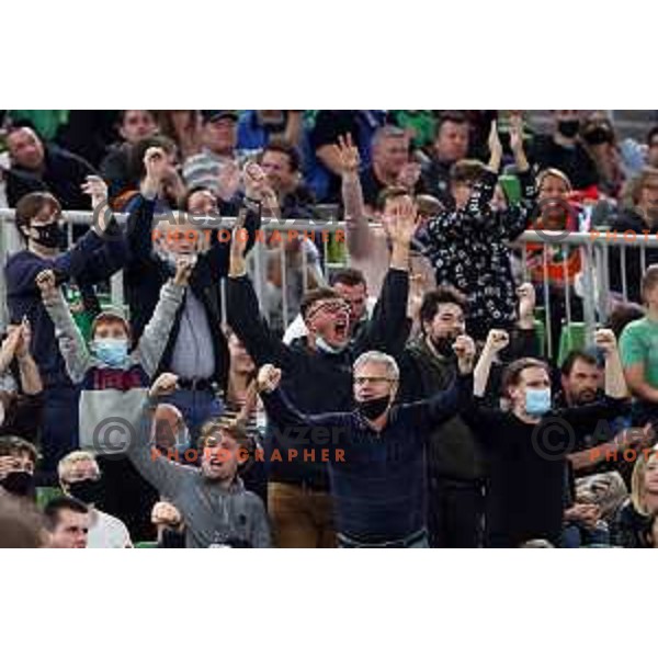 Fans of Cedevita Olimpija in action during ABA league regular season basketball match between Cedevita Olimpija and Buducnost Voli in Stozice, Arena, Ljubljana, Slovenia on October 24, 2021