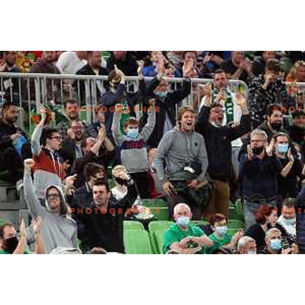 Fans of Cedevita Olimpija in action during ABA league regular season basketball match between Cedevita Olimpija and Buducnost Voli in Stozice, Arena, Ljubljana, Slovenia on October 24, 2021