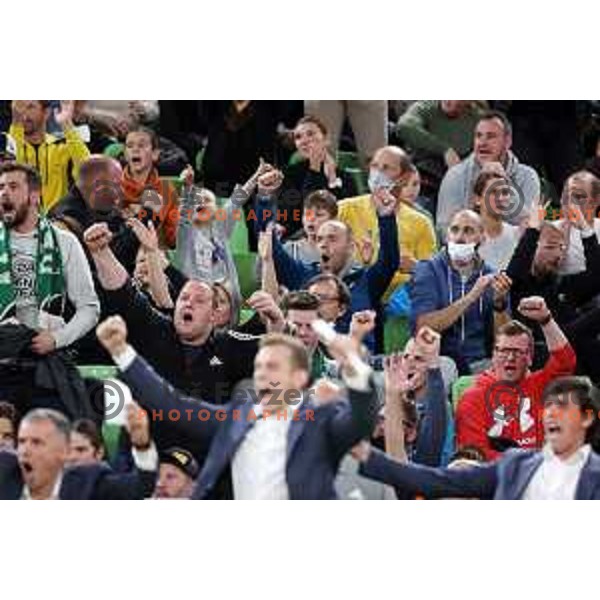 Fans of Cedevita Olimpija in action during ABA league regular season basketball match between Cedevita Olimpija and Buducnost Voli in Stozice, Arena, Ljubljana, Slovenia on October 24, 2021