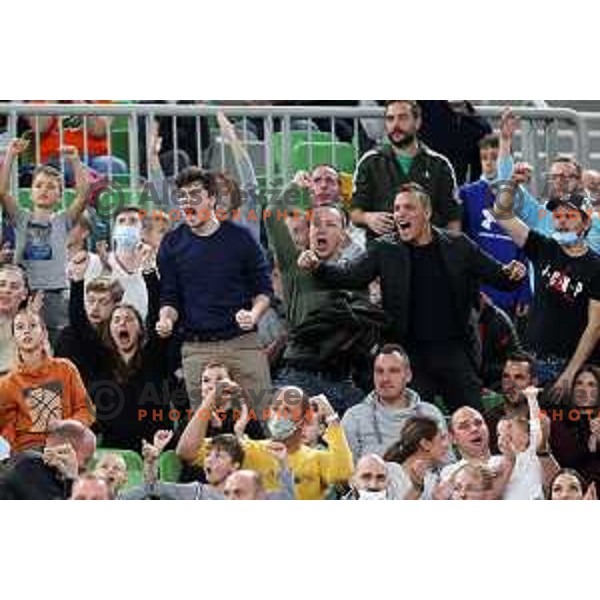 Fans of Cedevita Olimpija in action during ABA league regular season basketball match between Cedevita Olimpija and Buducnost Voli in Stozice, Arena, Ljubljana, Slovenia on October 24, 2021