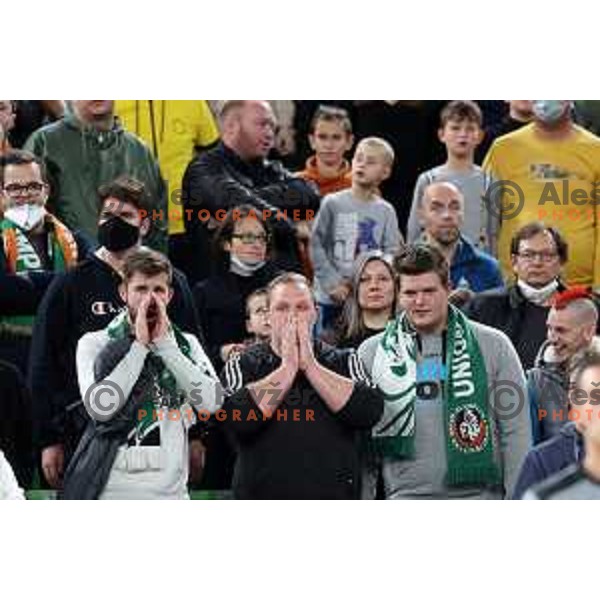 Fans of Cedevita Olimpija in action during ABA league regular season basketball match between Cedevita Olimpija and Buducnost Voli in Stozice, Arena, Ljubljana, Slovenia on October 24, 2021