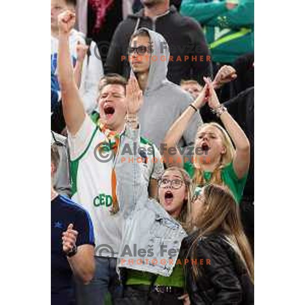 Fans of Cedevita Olimpija in action during ABA league regular season basketball match between Cedevita Olimpija and Buducnost Voli in Stozice, Arena, Ljubljana, Slovenia on October 24, 2021