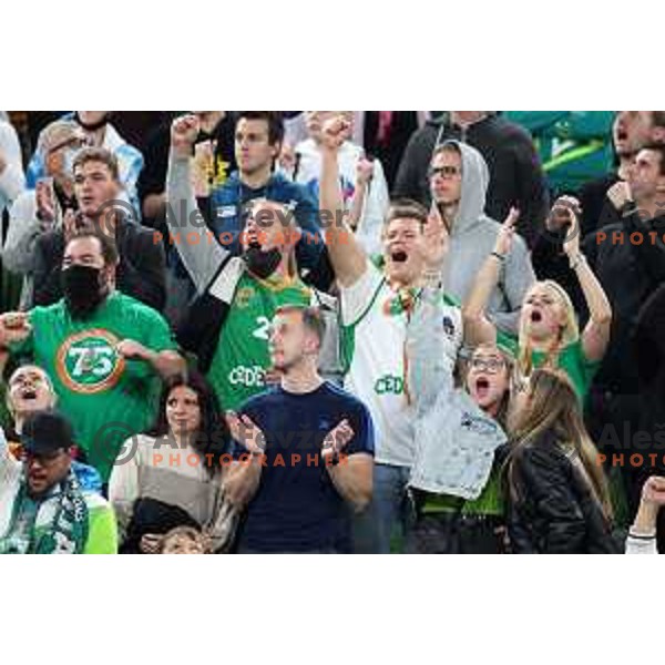 Fans of Cedevita Olimpija in action during ABA league regular season basketball match between Cedevita Olimpija and Buducnost Voli in Stozice, Arena, Ljubljana, Slovenia on October 24, 2021
