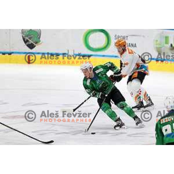 Blaz Tomazevic of SZ Olimpija in action during IceHL match between SZ Olimpija and Black Wings Linz in Ljubljana, Slovenia on October 29, 2021