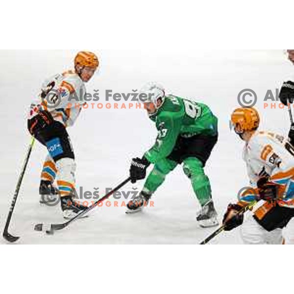 Luka Kalan of SZ Olimpija in action during IceHL match between SZ Olimpija and Black Wings Linz in Ljubljana, Slovenia on October 29, 2021