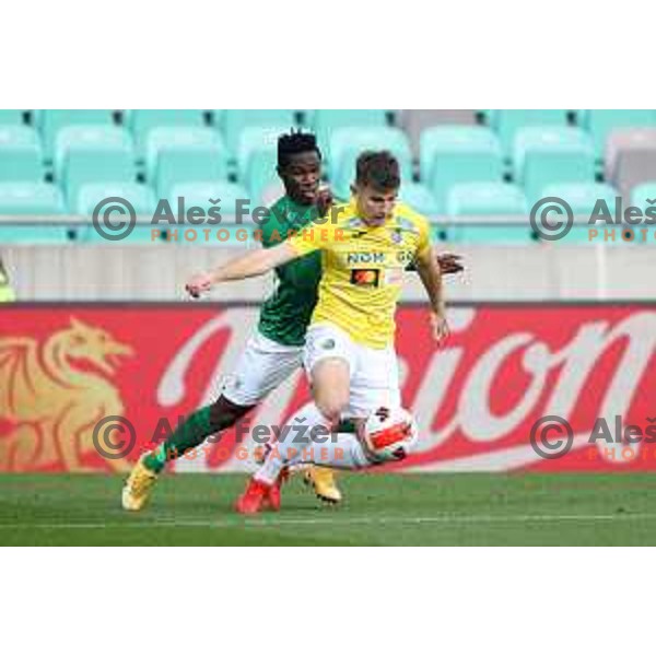 Eric Boakye and Mark Spanring in action during Prva Liga Telemach football match between Olimpija and Bravo in Ljubljana, Slovenia on October 30, 2021