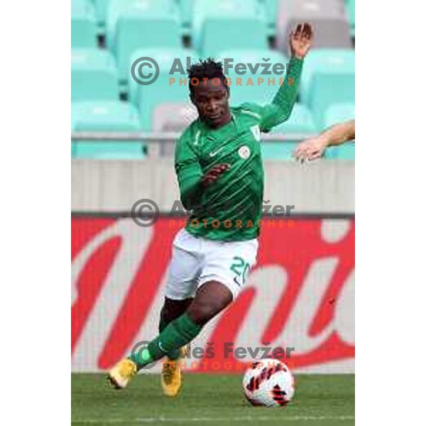 Eric Boakye and Mark Spanring in action during Prva Liga Telemach football match between Olimpija and Bravo in Ljubljana, Slovenia on October 30, 2021
