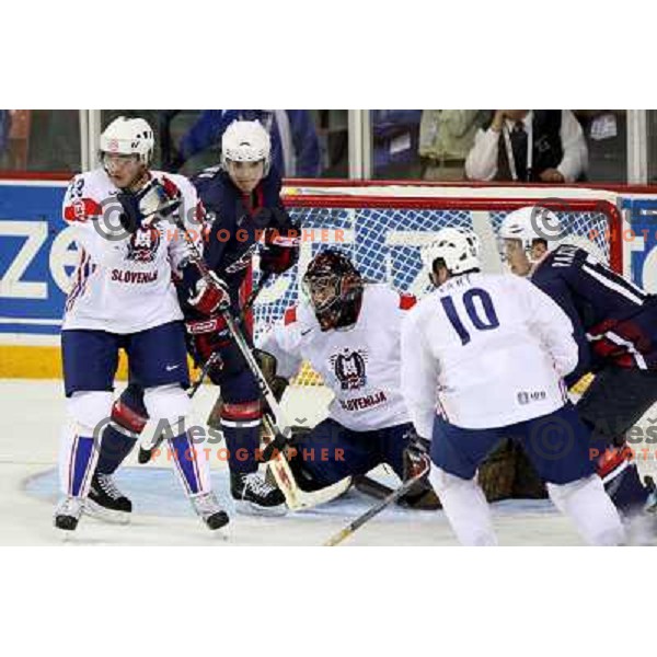 Brown (23) and Parise (17) of USA and Dervaric (23), Kristan and Varl (10) of Slovenia at IIHF World championship 2008 preliminary round group B, played in Halifax, Nova Scotia, Canada May 4th 2008. USA beat Slovenia 5:1. Photo by Ales Fevzer 