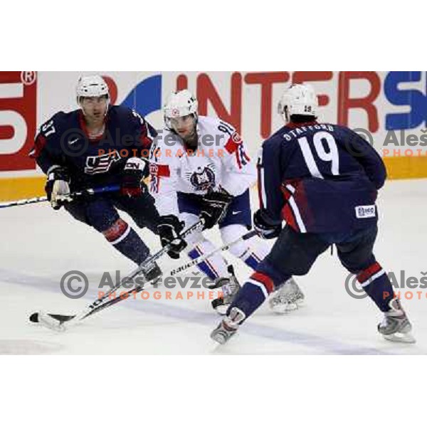 Burish (37) and Stafford (19) of USA and Hafner (91) of Slovenia at IIHF World championship 2008 preliminary round group B, played in Halifax, Nova Scotia, Canada May 4th 2008. USA beat Slovenia 5:1. Photo by Ales Fevzer 