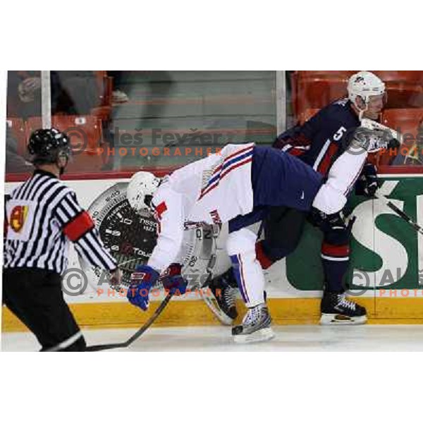 Greene (5) of USA and Kopitar (11) of Slovenia at IIHF World championship 2008 preliminary round group B, played in Halifax, Nova Scotia, Canada May 4th 2008. USA beat Slovenia 5:1. Photo by Ales Fevzer 