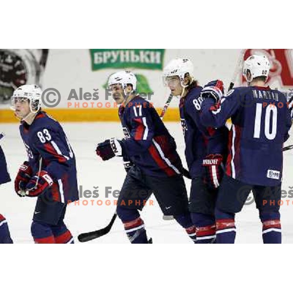 Kane (83), Parise (17), Mueller (88) and Martin of USA celebrate goal at IIHF World championship 2008 preliminary round group B, played in Halifax, Nova Scotia, Canada May 4th 2008. USA beat Slovenia 5:1. Photo by Ales Fevzer 