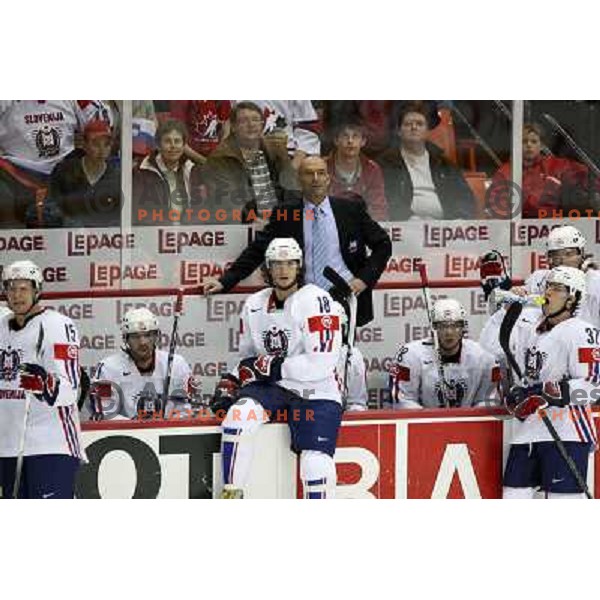 Muric (15), Poloncic (18), coach Waltin, Robar (37) of Slovenia at IIHF World championship 2008 preliminary round group B, played in Halifax, Nova Scotia, Canada May 4th 2008. USA beat Slovenia 5:1. Photo by Ales Fevzer 
