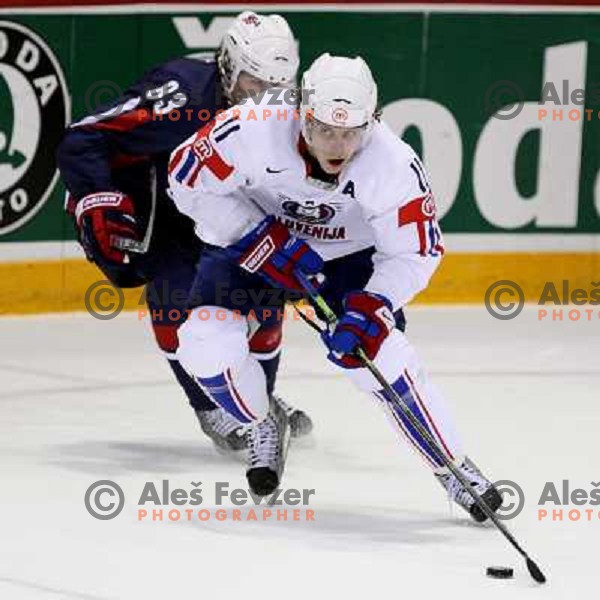 Pat Kane (83) of USA and Anze Kopitar (11) of Slovenia at IIHF World championship 2008 preliminary round group B, played in Halifax, Nova Scotia, Canada May 4th 2008. USA beat Slovenia 5:1. Photo by Ales Fevzer 