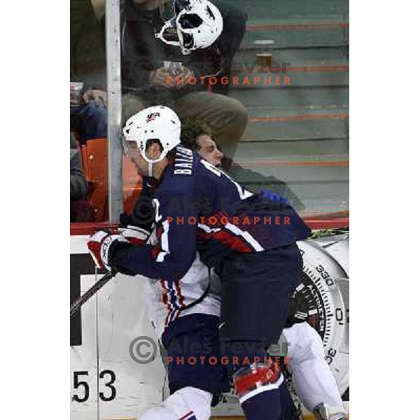 Ballard (2) of USA chrashes into Kopitar (11) of Slovenia at IIHF World championship 2008 preliminary round group B, played in Halifax, Nova Scotia, Canada May 4th 2008. USA beat Slovenia 5:1. Photo by Ales Fevzer 