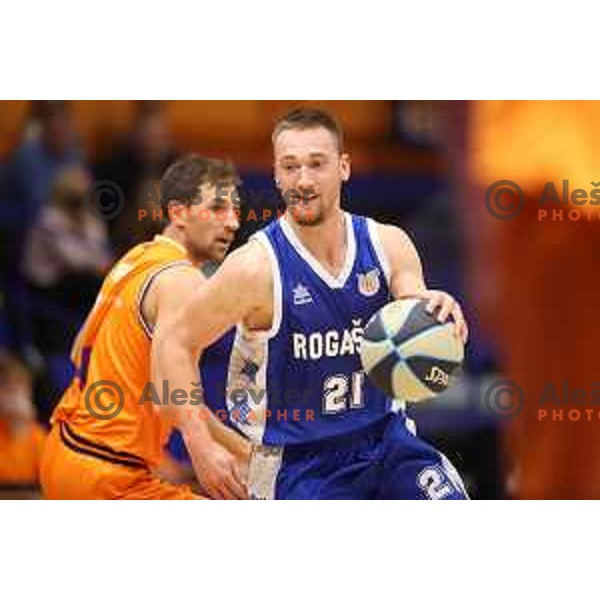 Domen Bratoz in action during Nova KBM league basketball match between Helios Suns and Rogaska in Domzale, Slovenia on November 1, 2021