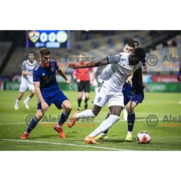 Blaz Vrhovec vs Lamin Colley in action during Prva liga Telemach football match between Maribor and Koper in Ljudski vrt, Maribor, Slovenia on November 1, 2021. Photo: Jure Banfi/www.alesfevzer.com