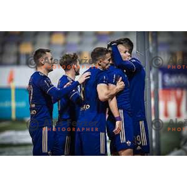 Martin Milec, Marko Alvir, Ognjen Mudrinski celebrating during Prva liga Telemach football match between Maribor and Koper in Ljudski vrt, Maribor, Slovenia on November 1, 2021. Photo: Jure Banfi/www.alesfevzer.com