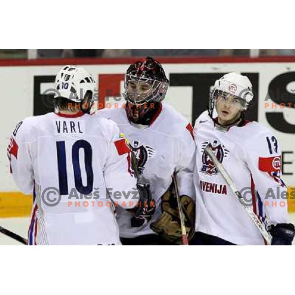 Varl, Kristan and Pajic (13) of Slovenia at IIHF World championship 2008 preliminary round group B, played in Halifax, Nova Scotia, Canada May 4th 2008. USA beat Slovenia 5:1. Photo by Ales Fevzer 