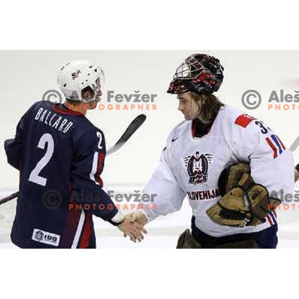 Ballard of USA and Kristan of Slovenia shaking hands at IIHF World championship 2008 preliminary round group B, played in Halifax, Nova Scotia, Canada May 4th 2008. USA beat Slovenia 5:1. Photo by Ales Fevzer 