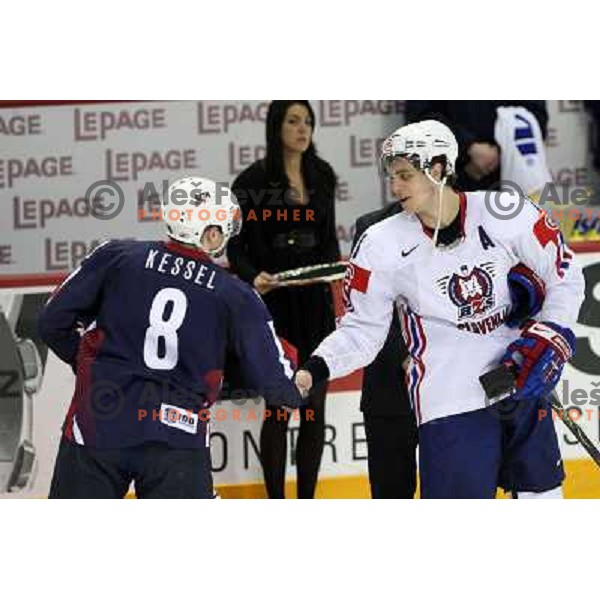 Kessel of USA and Kopitar of Slovenia at IIHF World championship 2008 preliminary round group B, played in Halifax, Nova Scotia, Canada May 4th 2008. USA beat Slovenia 5:1. Photo by Ales Fevzer 