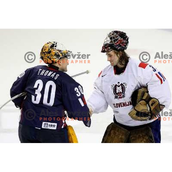Thomas of USA and Kristan of Slovenia at IIHF World championship 2008 preliminary round group B, played in Halifax, Nova Scotia, Canada May 4th 2008. USA beat Slovenia 5:1. Photo by Ales Fevzer 