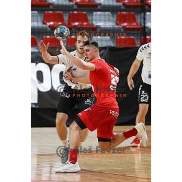Patrik Martinovic in action during 1.NLB league handball match between Grosist Slovan and Trimo Trebnje in Kodeljevo Hall, Ljubljana, Slovenia on November 5, 2021