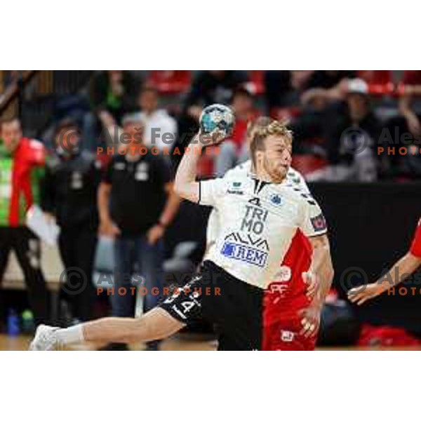 Lovro Viscek in action during 1.NLB league handball match between Grosist Slovan and Trimo Trebnje in Kodeljevo Hall, Ljubljana, Slovenia on November 5, 2021