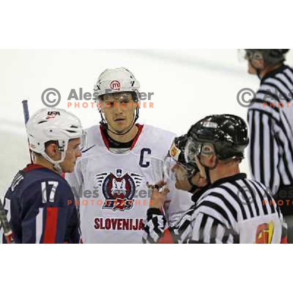 Zach Parise (17) of USA and Marcel Rodman of Slovenia at IIHF World championship 2008 preliminary round group B, played in Halifax, Nova Scotia, Canada May 4th 2008. USA beat Slovenia 5:1. Photo by Ales Fevzer 