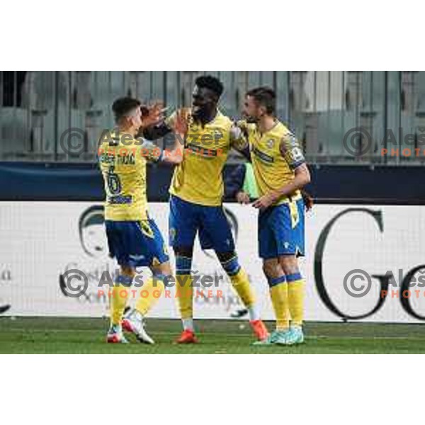 Luka Vesner Ticic, Lamin Colley and Zan Zuzek of Koper celebrate goal during Prva Liga Telemach football match between Koper and Tabor CB 24 Sezana in Koper, Slovenia on November 6, 2021