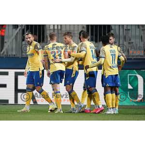 Lamin Colley and players of Koper celebrate goal during Prva Liga Telemach football match between Koper and Tabor CB 24 Sezana in Koper, Slovenia on November 6, 2021