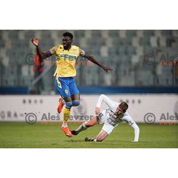 Lamin Colley and Mihael Briski in action during Prva Liga Telemach football match between Koper and Tabor CB 24 Sezana in Koper, Slovenia on November 6, 2021