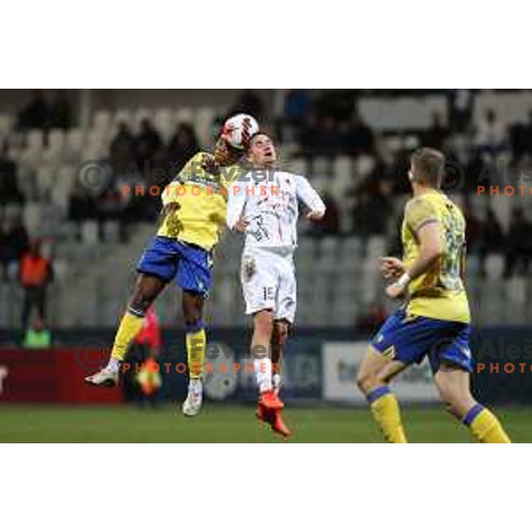 Bede Osuji and Til Mavretic in action during Prva Liga Telemach football match between Koper and Tabor CB 24 Sezana in Koper, Slovenia on November 6, 2021