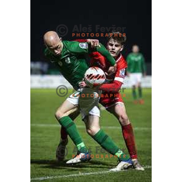 Tomislav Tomic vs Rok Schaubach in action during Prva liga Telemach football match between Aluminij and Olimpija in Sportni park Kidricevo, Slovenia on November 7, 2021