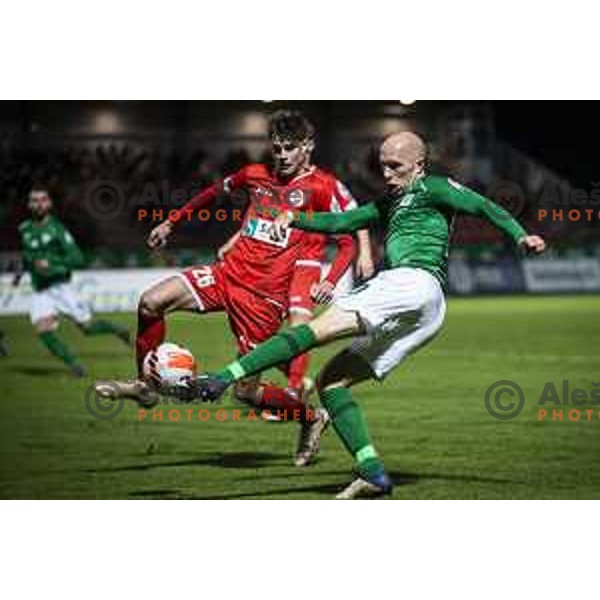 Rok Schaubach vs Tomislav Tomic in action during Prva liga Telemach football match between Aluminij and Olimpija in Sportni park Kidricevo, Slovenia on November 7, 2021