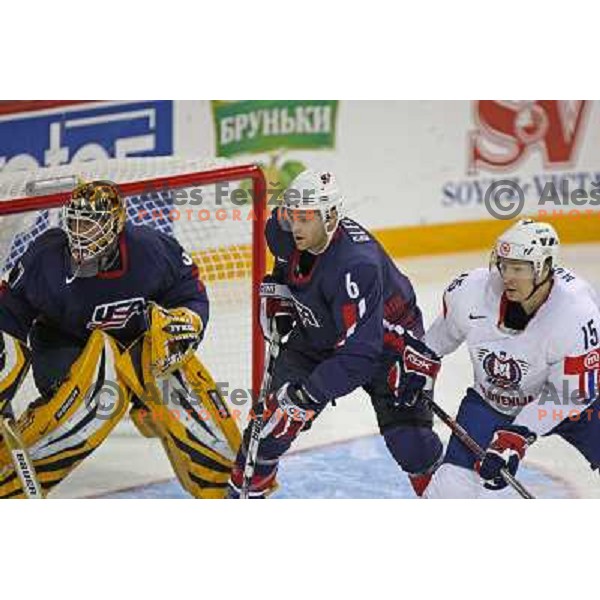 Thomas, Gleason (6) of USA and Muric (15) of Slovenia at IIHF World championship 2008 preliminary round group B, played in Halifax, Nova Scotia, Canada May 4th 2008. USA beat Slovenia 5:1. Photo by Ales Fevzer 