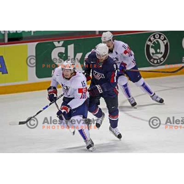 O\'Sullivan (9) of USA and Muric (15) of Slovenia at IIHF World championship 2008 preliminary round group B, played in Halifax, Nova Scotia, Canada May 4th 2008. USA beat Slovenia 5:1. Photo by Ales Fevzer 