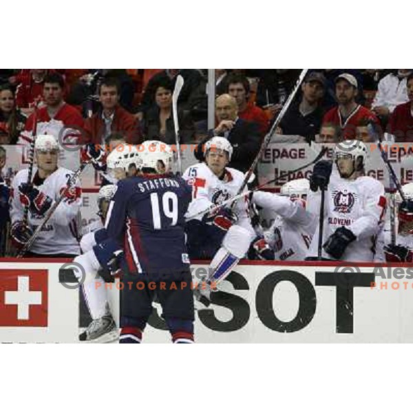 Stafford of USA and Muric (15) of Slovenia at IIHF World championship 2008 preliminary round group B, played in Halifax, Nova Scotia, Canada May 4th 2008. USA beat Slovenia 5:1. Photo by Ales Fevzer 